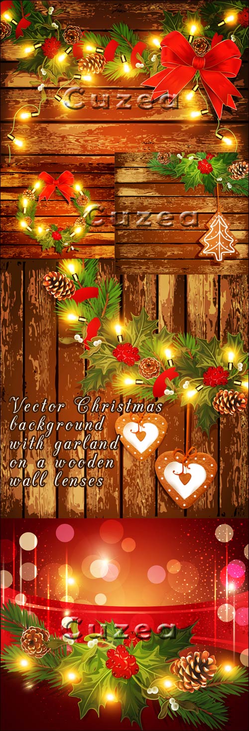 Vector Christmas background with garland on a wooden wall in vector